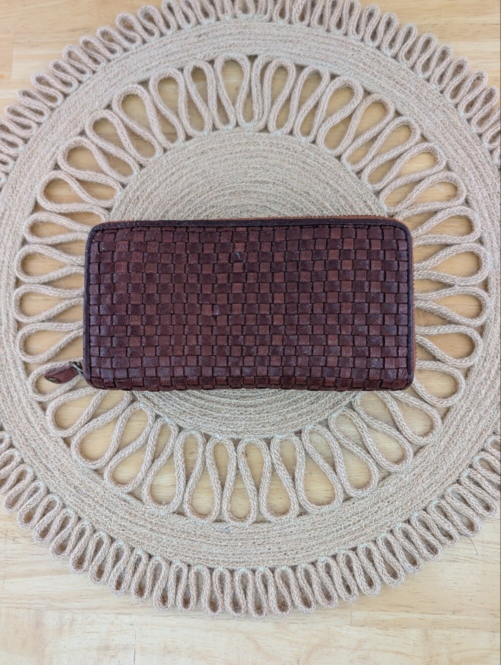 Ashwood Woven Brown Genuine Leather Zip-Around Long Wallet Organizer Cards Cash
